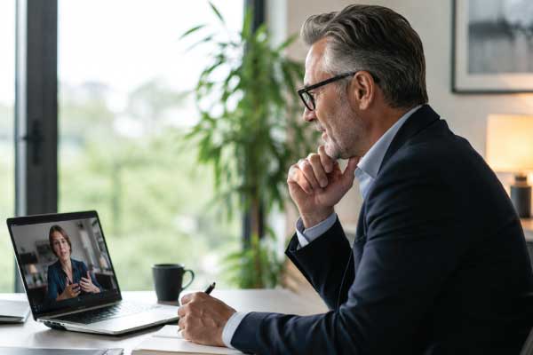 Executive in a one-on-one virtual coaching session at a laptop